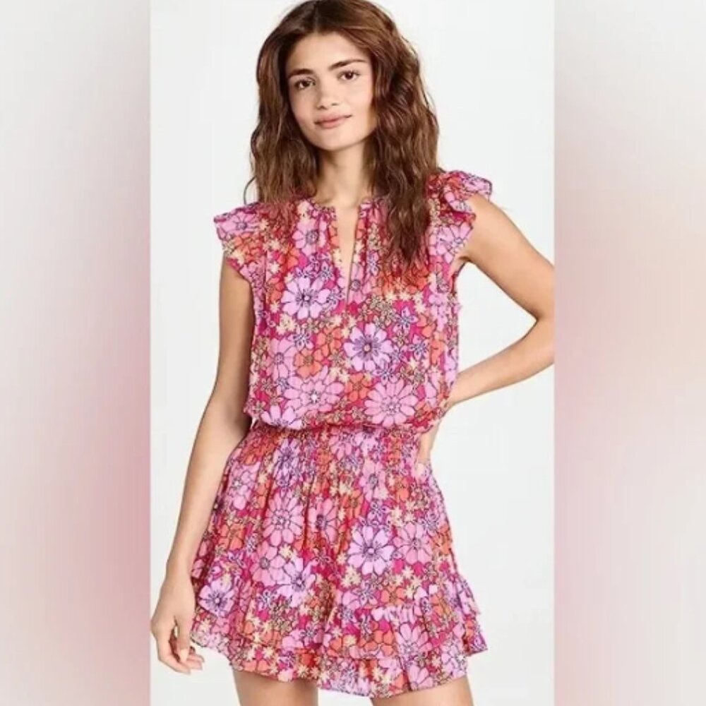 Ramy Brook Charlene Flutter Sleeve Mini Dress Paradise Pink Retro Floral $395.00